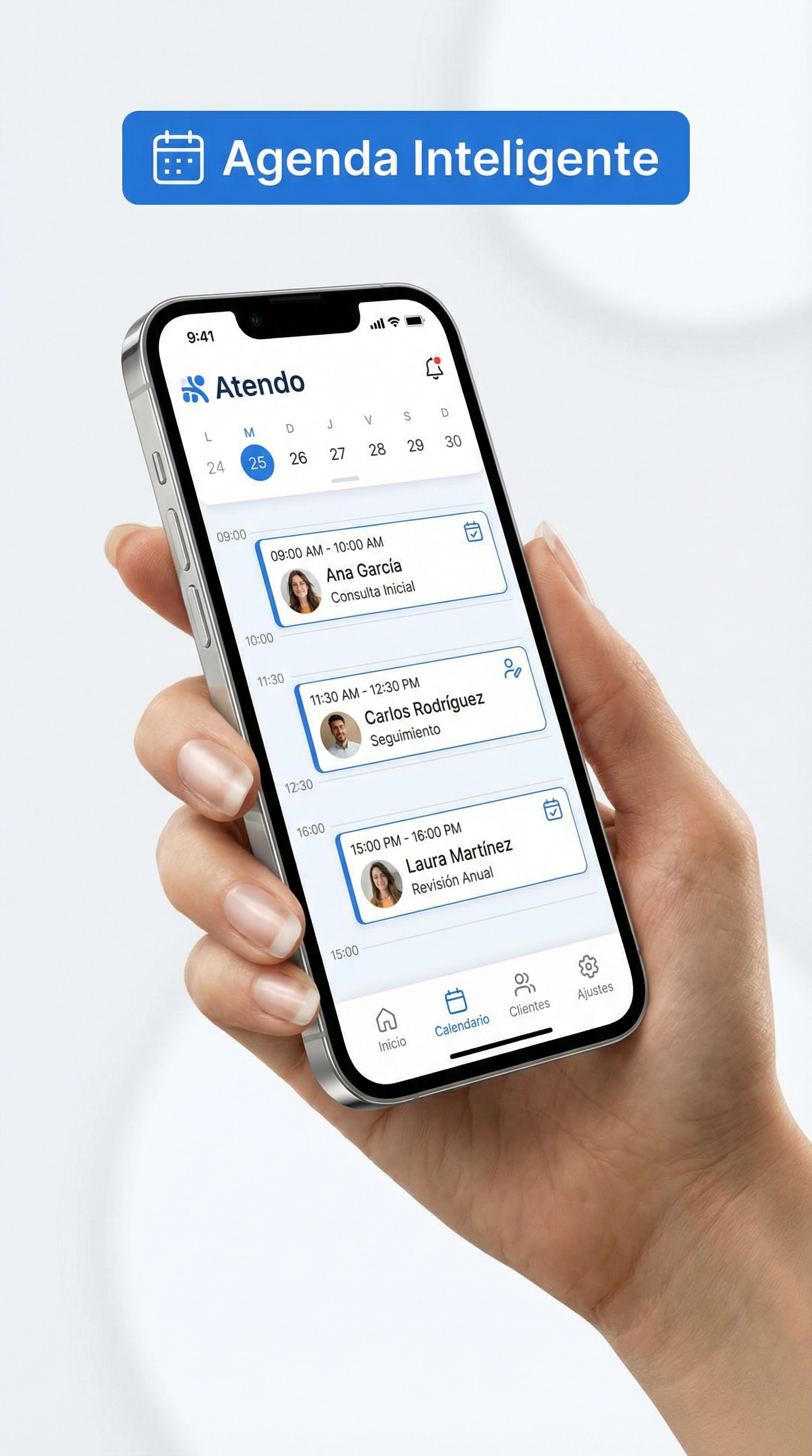 App Atendo mostrando Agenda Inteligente en smartphone